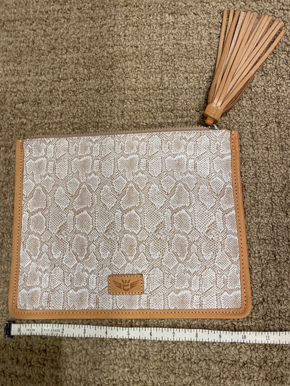 Neutral Snake-Print Zip Clutch with Tassel, Consuela brand